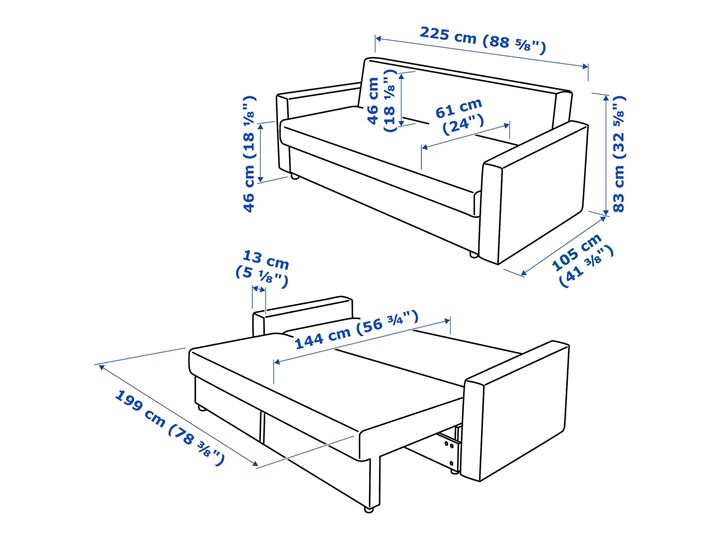 IKEA FRIHETEN Sofa trzyosobowa rozkładana, Bomstad czarny, Szerokość: 225 cm Amerykanka Funkcje Z pojemnikiem na pościel Głębokość 105 cm Materiał obicia Tkanina