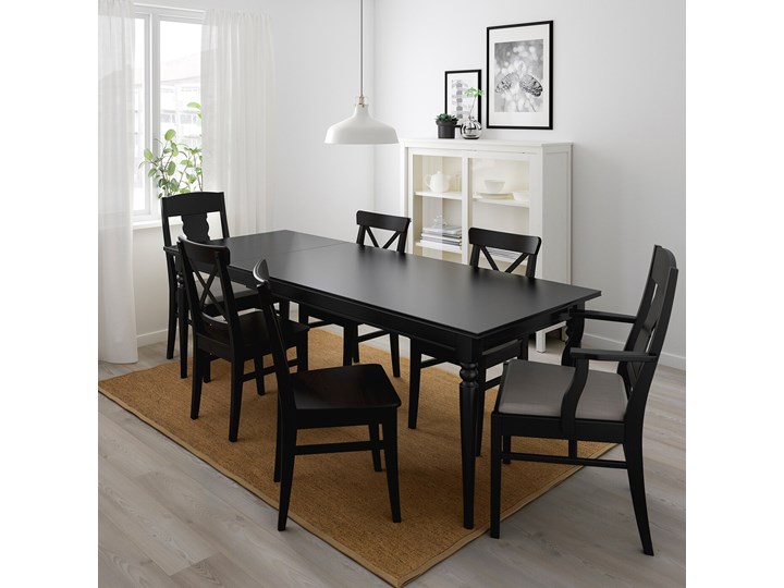 IKEA INGATORP / INGOLF Stół i 6 krzeseł, czarny/Nolhaga szary/beż, 155/215 cm