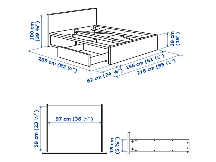 IKEA MALM Rama łóżka z 2 pojemnikami, Biały, 140x200 cm Łóżko drewniane Pojemnik na pościel Z pojemnikiem Zagłówek Z zagłówkiem