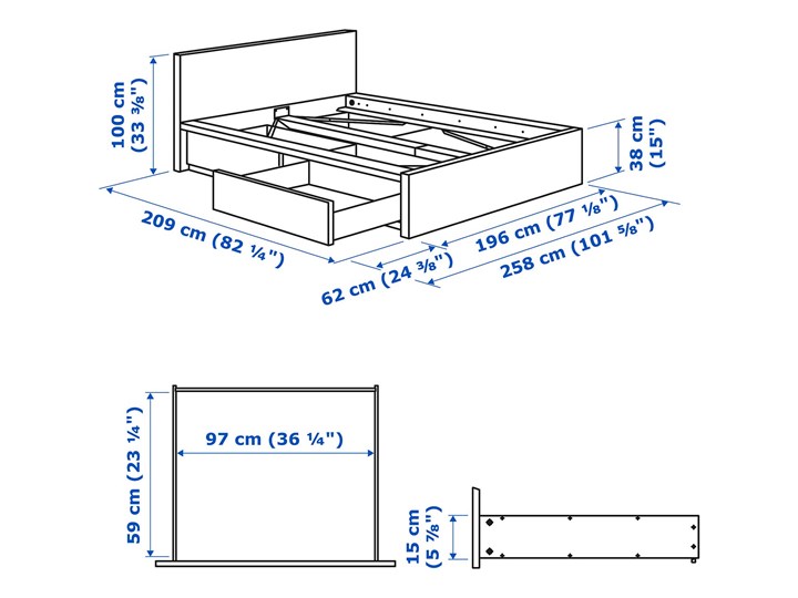IKEA MALM Rama łóżka z 2 pojemnikami, Okleina dębowa bejcowana na biało, 180x200 cm Łóżko drewniane Drewno Kolor Beżowy