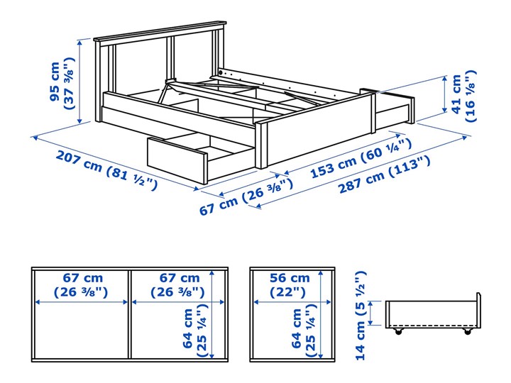 IKEA SONGESAND Rama łóżka z 4 pojemnikami, biały, 140x200 cm Łóżko drewniane Kolor Szary