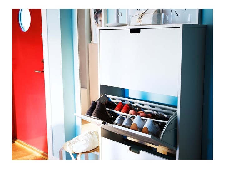 IKEA STÄLL Szafka na buty, 3 przegrody, biały, 79x29x148 cm Płyta laminowana Płyta MDF Kategoria Szafki i regały Głębokość 29 cm Tworzywo sztuczne Płyta meblowa Szerokość 79 cm Typ Stojące