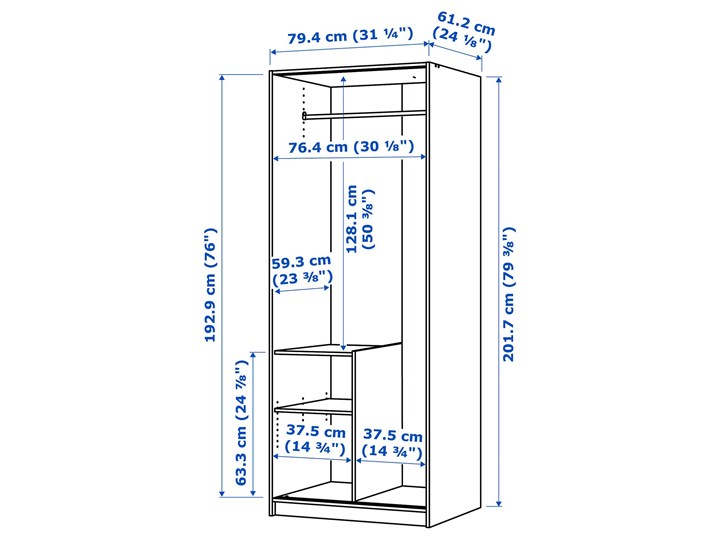 TRYSIL Szafa Wysokość 202 cm Szerokość 79 cm Głębokość 61 cm Kategoria Szafy do garderoby