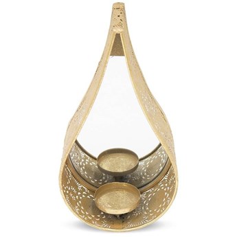 BOMBAJ lampion / świecznik metalowy ażurowy złoty z lustrem do zawieszenia, ozdoba, wys. 37 cm