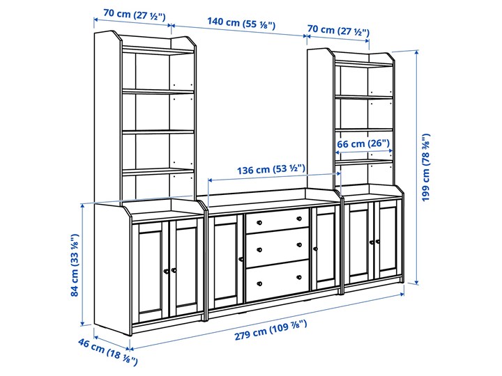 IKEA HAUGA Regał, Biały, 279x46x199 cm Płyta meblowa Płyta MDF Pomieszczenie Pokój nastolatka Płyta laminowana Pomieszczenie Salon