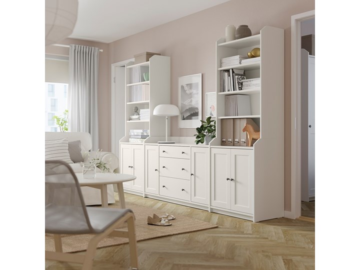 IKEA HAUGA Regał, Biały, 279x46x199 cm Płyta laminowana Kategoria Witryny Płyta meblowa Płyta MDF Pomieszczenie Salon