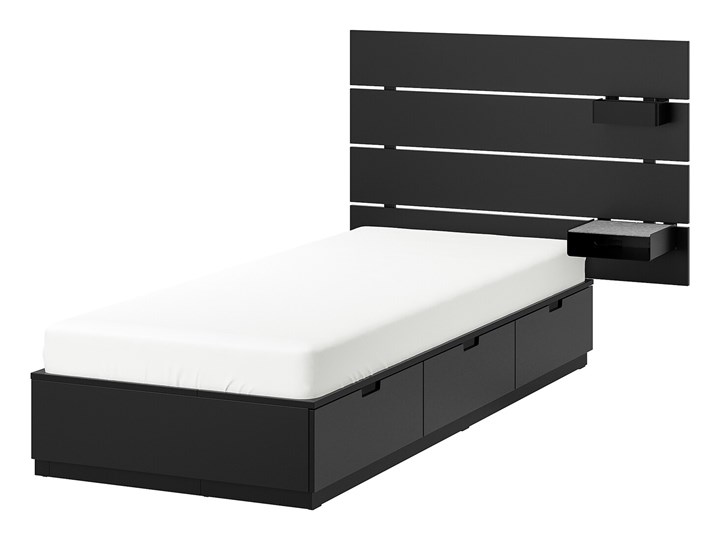 NORDLI Rama łóżka z pojemnikiem, zagłówek Metal Stal Tworzywo sztuczne Drewno Rozmiar materaca 90x200 cm