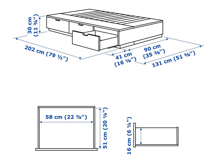 IKEA NORDLI Rama łóżka z szufladami, antracyt, 90x200 cm Drewno Łóżko drewniane Styl Tradycyjny Pojemnik na pościel Z pojemnikiem