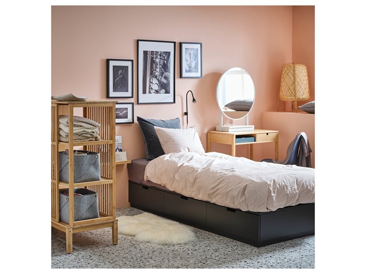 IKEA NORDLI Rama łóżka z szufladami, antracyt, 90x200 cm Łóżko drewniane Styl Tradycyjny Drewno Pojemnik na pościel Z pojemnikiem