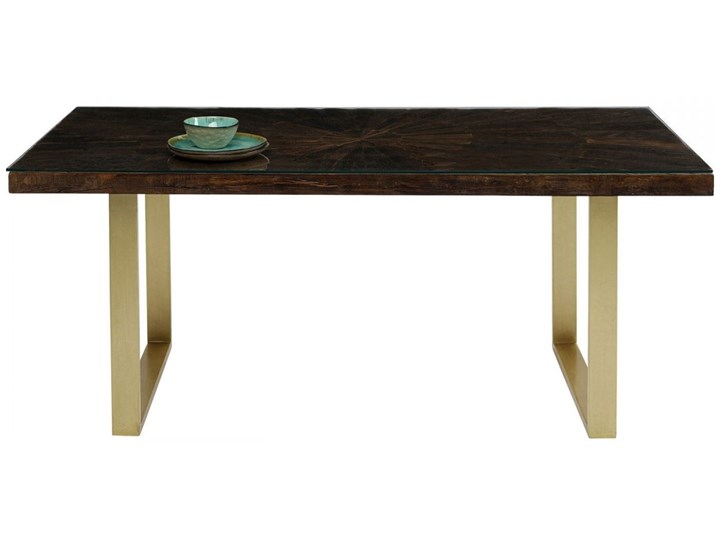 Stół brązowy drewniany recyklingowany blat mango złote metalowe nogi 180x90 cm Stal Drewno Szkło Średnica Pomieszczenie Stoły do jadalni