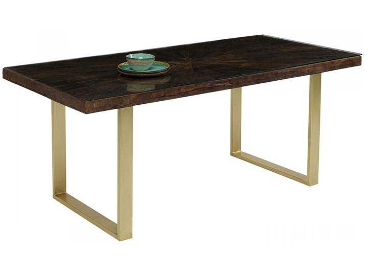 Stół brązowy drewniany recyklingowany blat mango złote metalowe nogi 180x90 cm Drewno Pomieszczenie Stoły do jadalni Szkło Stal Kategoria Stoły kuchenne