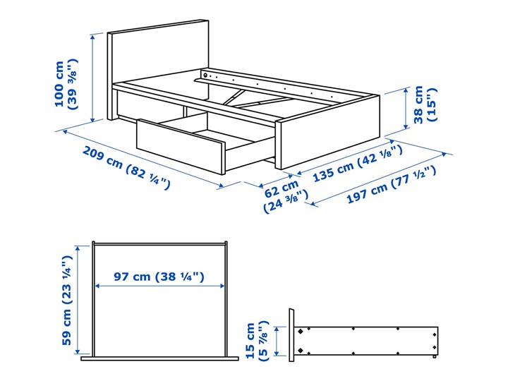 IKEA MALM Rama łóżka z 2 pojemnikami, Okleina dębowa bejcowana na biało, 120x200 cm Łóżko drewniane Zagłówek Z zagłówkiem Drewno Liczba miejsc Jednoosobowe