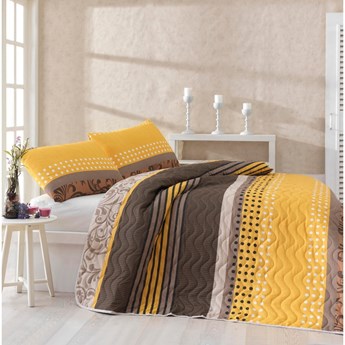 Zestaw narzuty na łóżko i poszewki na poduszkę z domieszką bawełny Miranda Yellow, 160x220 cm