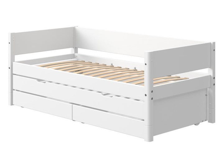 Białe dziecięce łóżko z dodatkowym wysuwanym łóżkiem i szufladą Flexa White Drewno Tradycyjne Płyta MDF Rozmiar materaca 90x200 cm