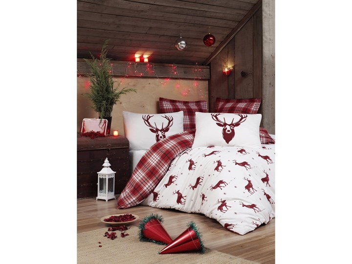 Pościel dwuosobowa z prześcieradłem z domieszką bawełny Eponj Home Geyik Claret Red, 200x220 cm Bawełna Kolor Biały Komplet pościeli 220x240 cm Poliester Bawełna syntetyczna Rozmiar poduszki 50x70 cm