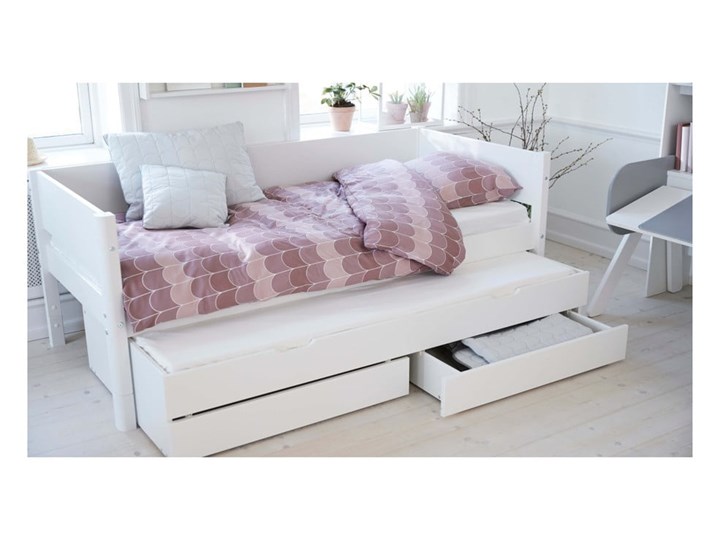 Białe dziecięce łóżko z dodatkowym wysuwanym łóżkiem i szufladą Flexa White Tradycyjne Rozmiar materaca 90x200 cm Drewno Płyta MDF Kolor Biały