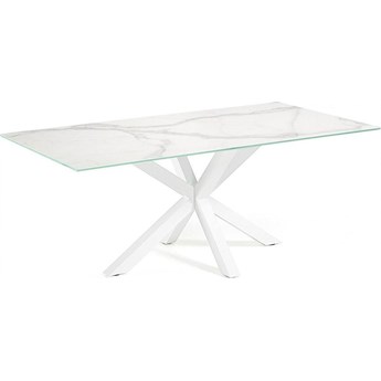 Stół biały szklany blat z marmurowym wzorem metalowe nogi 180x100 cm