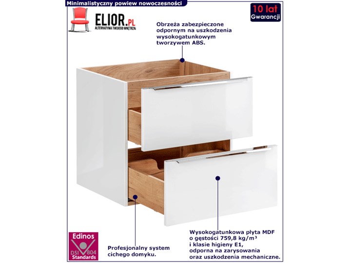 Podwieszana szafka łazienkowa pod umywalkę - Malta 3X Biały połysk 60 cm Szafki Kategoria Szafki stojące Wysokość 57 cm Wiszące Kolor Beżowy