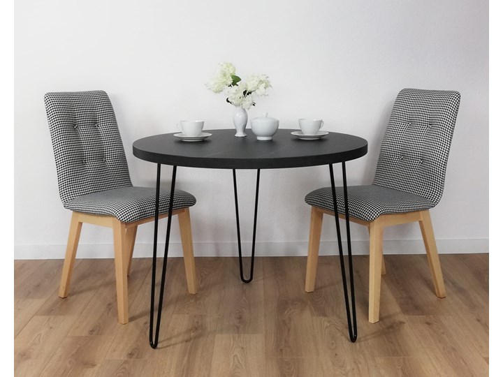 Minimalistyczny stół okrągły RING P 90 Wytrawny szary kamień Drewno Wysokość 74 cm Średnica 90 cm Metal Wysokość 90 cm Stal Rozkładanie