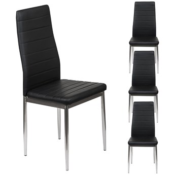 4 krzesła do jadalni czarne - K1 -wzór pasy, ekoskóra, nogi srebrne
