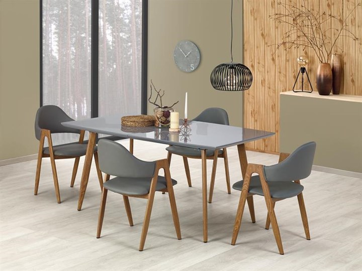 Nowoczesny szary stół z lakierowanym blatem 160x90, rozkładany Długość 160 cm Szerokość 90 cm Stal Płyta MDF Długość 200 cm Drewno Wysokość 76 cm Pomieszczenie Stoły do jadalni