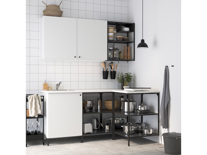IKEA ENHET Kuchnia narożna, antracyt/biały, Wysokość szafka wisząca: 75 cm