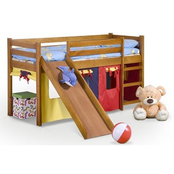 Drewniane łóżko na antresoli z drabinką i zjeżdżalnią Neo Plus