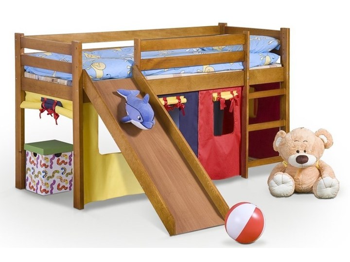 Drewniane łóżko na antresoli z drabinką i zjeżdżalnią Neo Plus Łóżka piętrowe ze zjeżdżalnią Drewno Kategoria Łóżka dla dzieci Kolor Brązowy