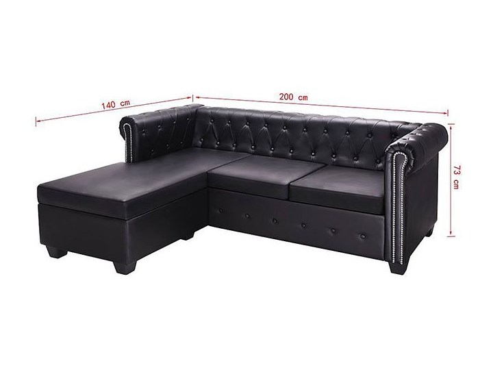 Czarny narożnik z leżanką w stylu Chesterfield, lewostronny - Charlotte 4Q Wysokość 44 cm Szerokość 165 cm Wysokość 73 cm Nóżki Na nóżkach Szerokość 140 cm Szerokość 200 cm Strona Lewostronne