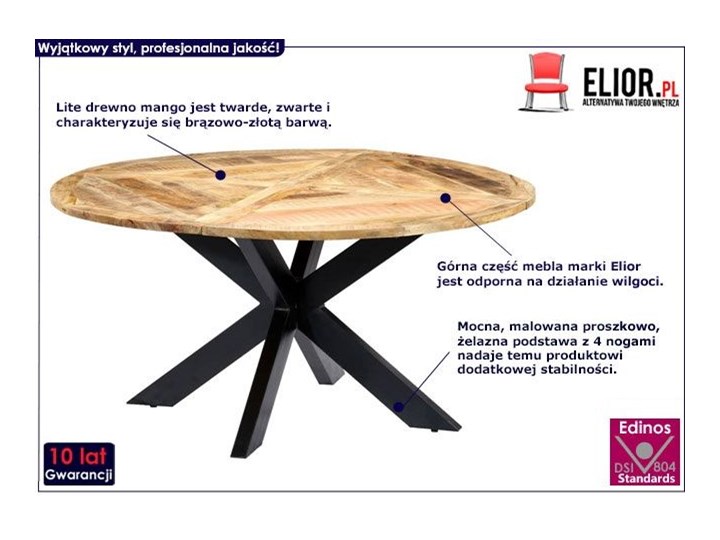 Okrągły stół z drewna mango – Gebel 3X Stal Styl Industrialny Drewno Wysokość 76 cm Liczba miejsc Do 4 osób