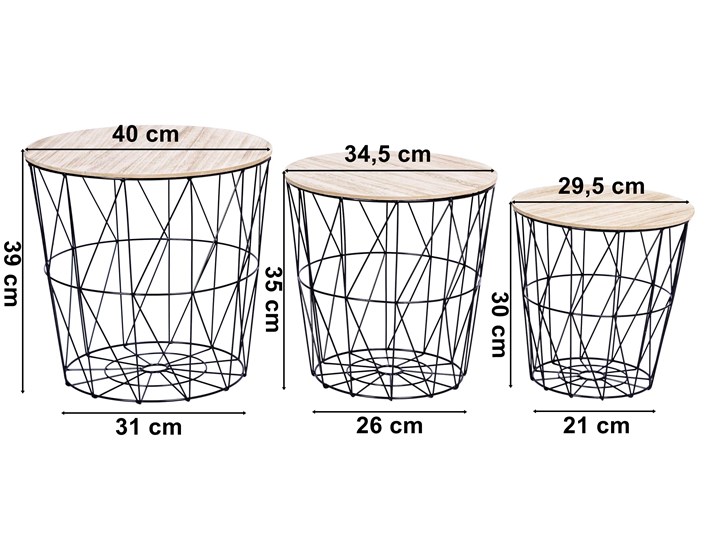 Zestaw trzech stolików drucianych APRIL czarny Stal Drewno Styl Nowoczesny Wysokość 30 cm Zestaw stolików Metal Wysokość 39 cm Płyta MDF Wysokość 35 cm Kolor Beżowy