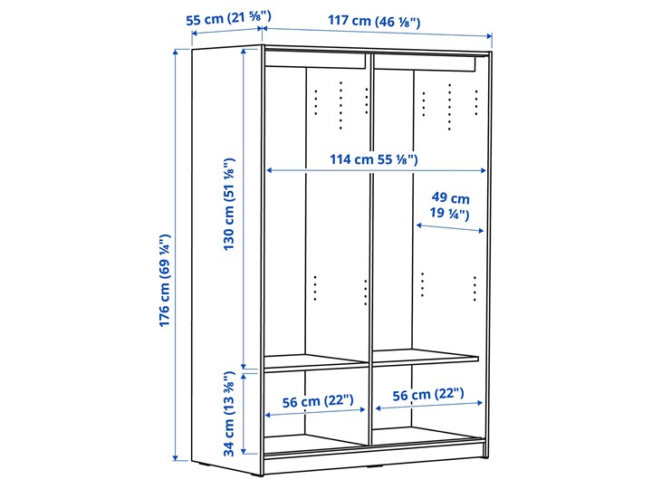 IKEA KLEPPSTAD Szafa z drzwiami przesuwanymi, biały, 117x176 cm Płyta laminowana Ilość drzwi Dwudrzwiowe