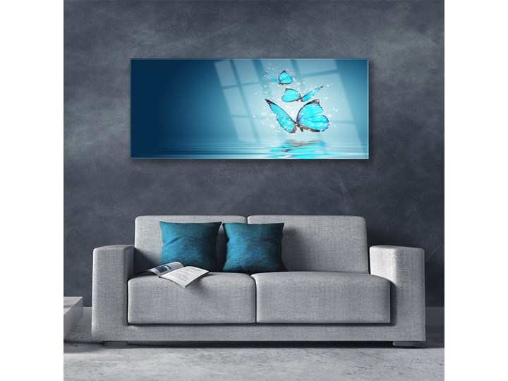 Obraz Szklany Niebieski Motyle Woda Sztuka Wymiary 50x100 cm