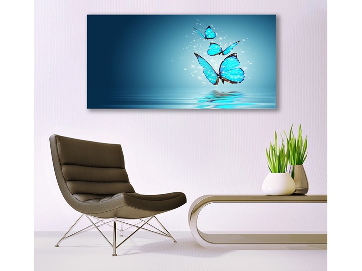 Obraz Szklany Niebieski Motyle Woda Sztuka Pomieszczenie Salon Wymiary 60x120 cm