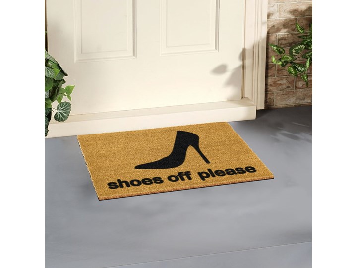 Wycieraczka z naturalnego włókna kokosowego Artsy Doormats Shoes Off Please, 40x60 cm Kolor Czarny Włókno kokosowe Kolor Szary