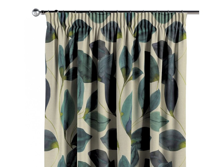 Zasłona na taśmie marszczącej 1 szt., liście w kolorze szmaragdowej zieleni z fioletem na lnianym tle, 1szt 130 × 260 cm, Abigail 130x260 cm Bawełna Mocowanie Mocowanie Taśma
