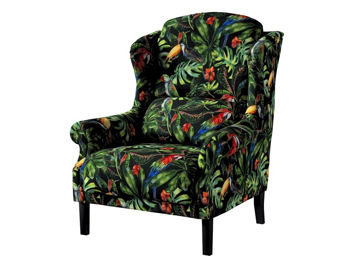 Fotel Unique, papugi i tukany na czarnym tle, 85 × 107 cm, Velvet Głębokość 74 cm Głębokość 58 cm Szerokość 85 cm Tkanina Drewno Szerokość 50 cm Pomieszczenie Salon