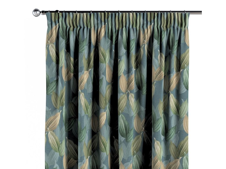 Zasłona na taśmie marszczącej 1 szt., zielone, beżowe liście na niebiesko-zielonym tle, 1szt 130 × 260 cm, Abigail Zasłona zaciemniająca Bawełna 130x260 cm Pomieszczenie Jadalnia
