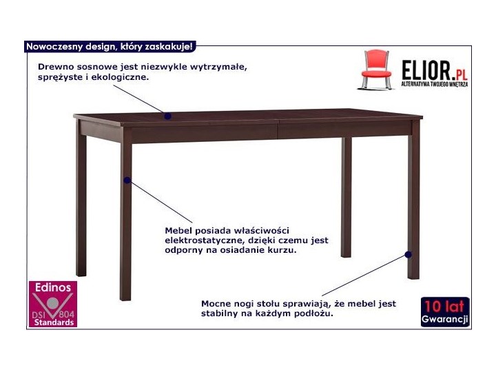 Ciemnobrązowy stół z drewna sosnowego – Elmor 2X Sosna Drewno Szerokość 70 cm Styl Nowoczesny Długość 70 cm Długość 140 cm Wysokość 73 cm Kształt blatu Prostokątny