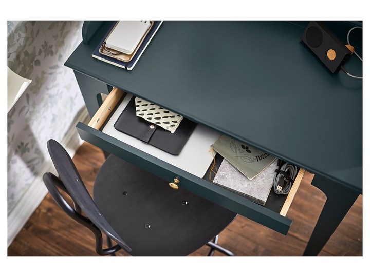 IKEA LOMMARP Biurko, Ciemnoniebieski-zielony, 90x54 cm Szerokość 90 cm Płyta MDF Sekretarzyk Sosna Drewno Kategoria Biurka