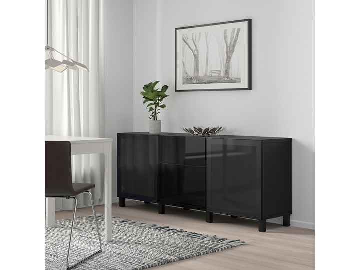 IKEA BESTÅ Kombinacja z szufladami, Czarnybrąz/Selsviken wysoki połysk/czarny dymione szkło, 180x42x65 cm Płyta laminowana Płyta meblowa Płyta MDF Ilość szuflad 2-szuflady