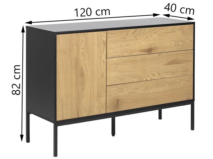 Komoda Favors 120x82 cm 3 szuflady czarno-naturalna Głębokość 40 cm Z szafkami i szufladami Szerokość 120 cm Płyta MDF Płyta meblowa Metal Styl Minimalistyczny Styl Industrialny
