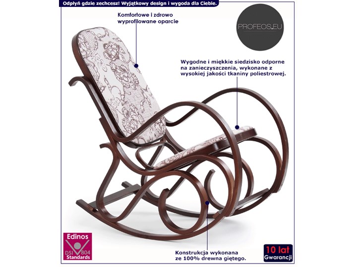 Drewniany fotel bujany w kolorze Wenge - Dixel Głębokość 90 cm Wysokość 95 cm Pomieszczenie Salon Drewno Kolor Szary
