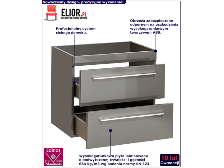 Szafka łazienkowa pod umywalkę - Malaga 4X Grafit połysk Wiszące Kolor Szary Wysokość 52 cm Szerokość 60 cm Głębokość 39 cm Wykończenie Błyszczące