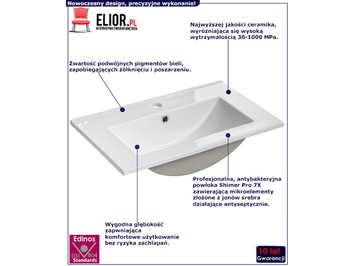 Biała prostokatna ceramiczna umywalka - Ravos 60 cm Kolor Biały Meblowe Kwadratowe Ceramika Kategoria Umywalki