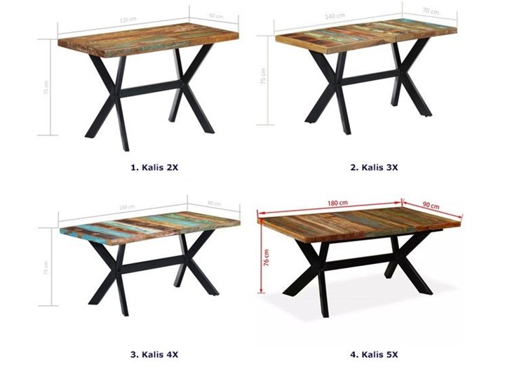 Wielokolorowy stół z drewna odzyskanego – Kalis 3X Długość 70 cm Wysokość 75 cm Drewno Szerokość 70 cm Kształt blatu Prostokątny Długość 140 cm Kolor Brązowy